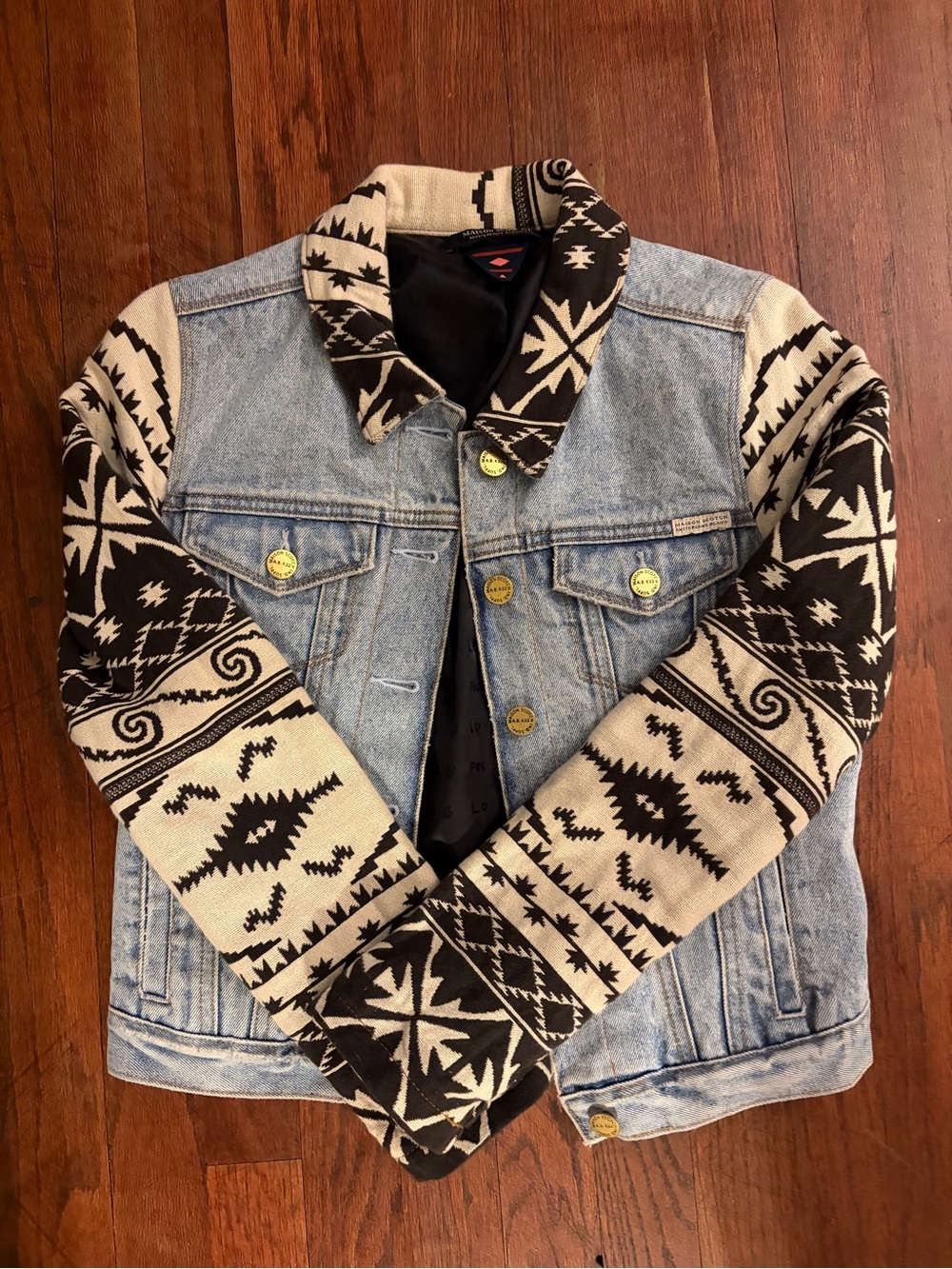 Scotch & Soda Light Blue Denim Jacket with Black & Cream Aztec Knit Sleeves sz1